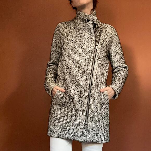 Madewell Wool Blend Asymmetrical City Grid Tweed Coat Women Size‎ 4 Black White - Picture 1 of 9